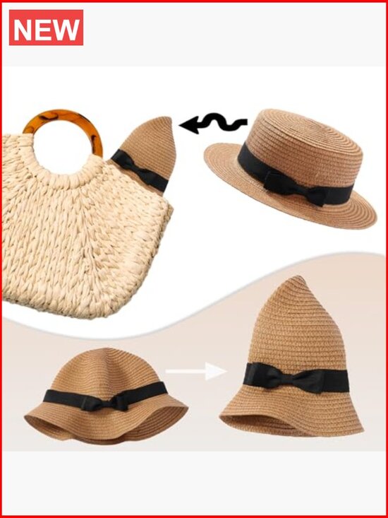 Boater Hat Flat Top Straw Bucket Hat Foldable Sun Protection main image 4